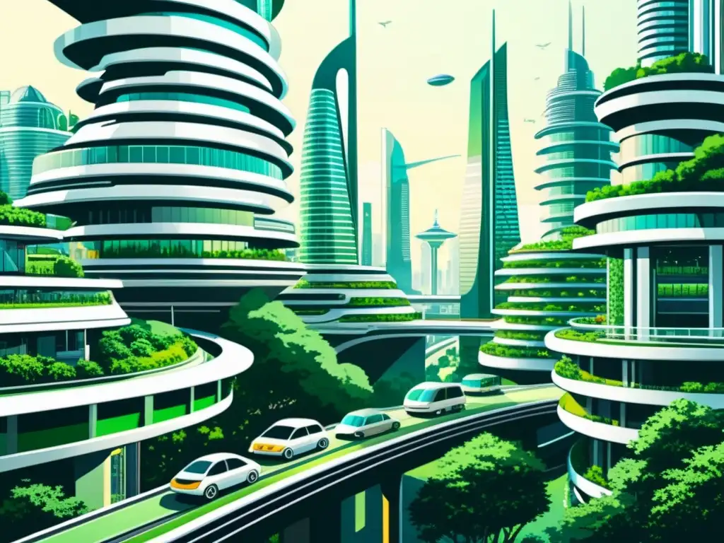 Un dibujo arquitectónico vintage de una ciudad futurista con edificios automatizados integrados en el paisaje urbano