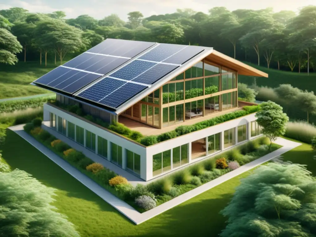 Dibujo arquitectónico vintage con integración de energías renovables y naturaleza, promoviendo la integración de energías renovables en arquitectura