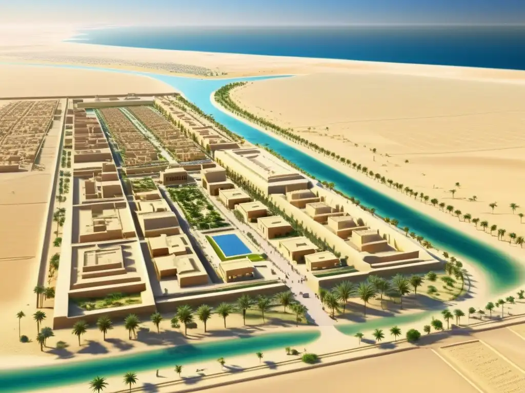 Reconstrucción digital detallada de la antigua ciudad de Amarna en Egipto, mostrando la planificación urbana y la vida cotidiana en la época egipcia