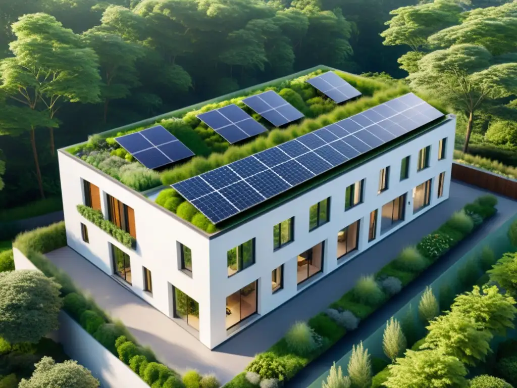 Un diseño arquitectónico que integra bioenergía en una estructura histórica, con paneles solares y techos verdes, rodeado de exuberante vegetación