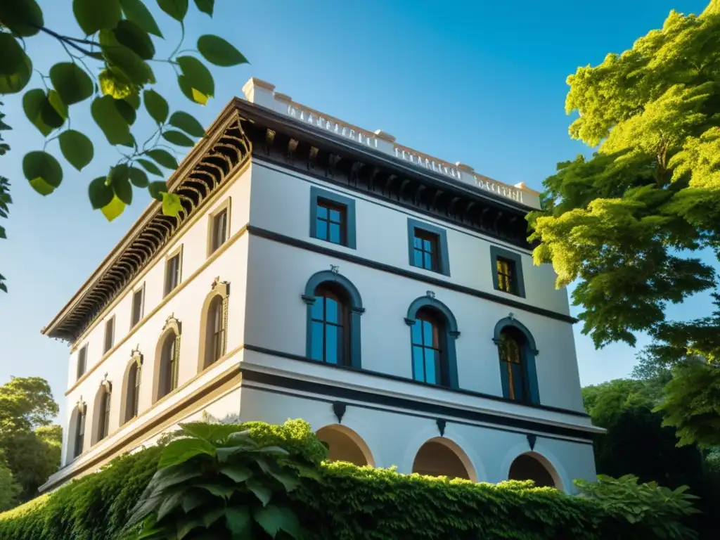 Diseño bioclimático en arquitectura histórica: Fotografía en blanco y negro de un edificio histórico rodeado de exuberante vegetación, bajo un cielo azul claro