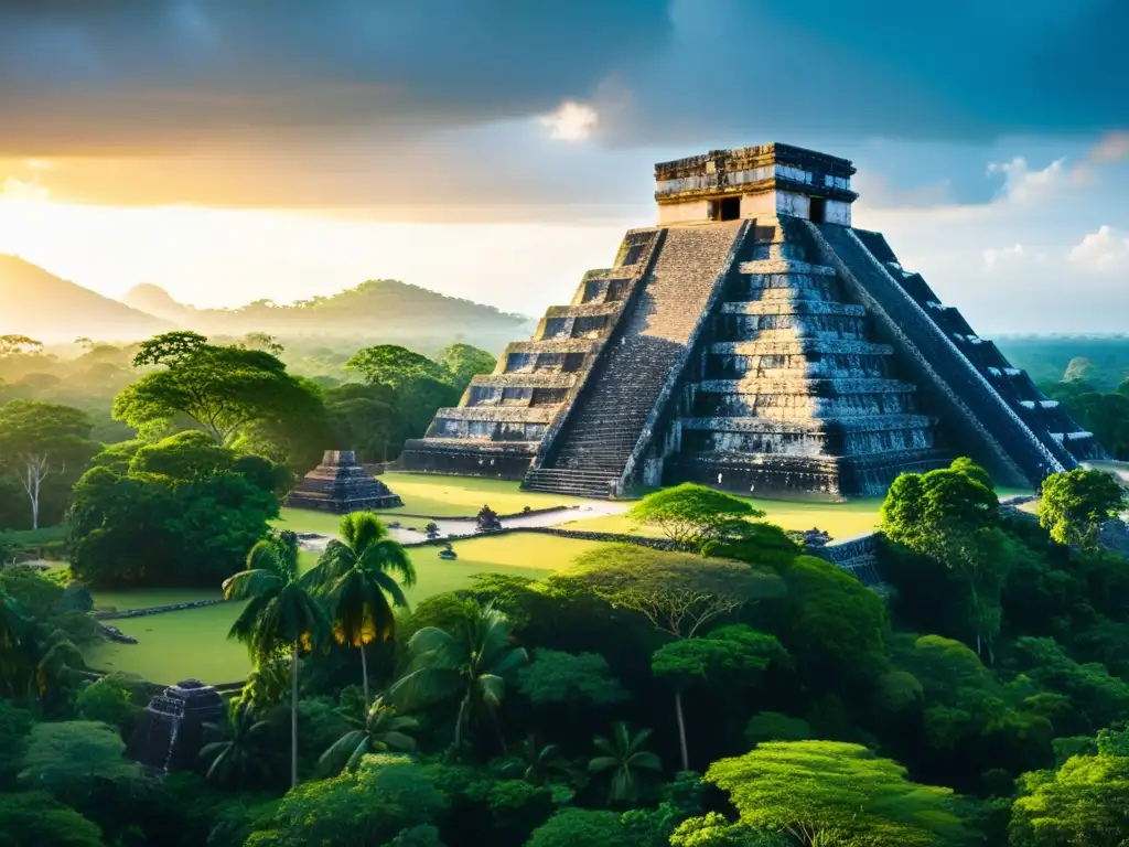 Diseño bioclimático en arquitectura histórica: Templo maya en la selva con pirámides y tallados de piedra, bañado por la luz dorada del atardecer