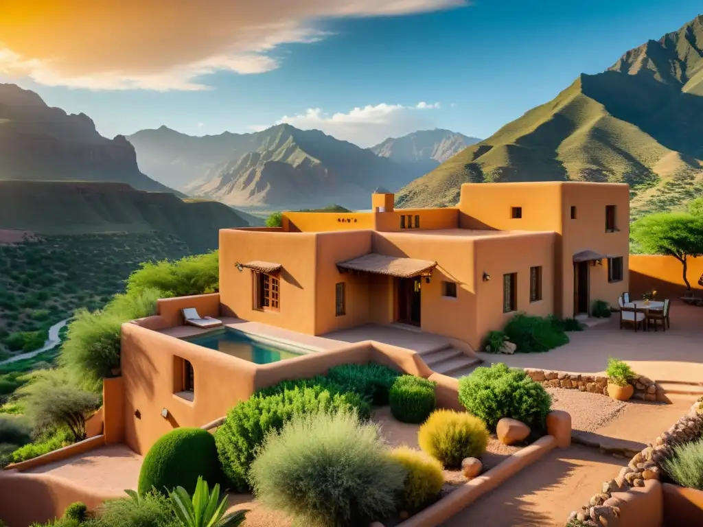 Diseño bioclimático en arquitectura histórica: Una casa de adobe en un valle verde, rodeada de montañas, bañada por una cálida luz dorada