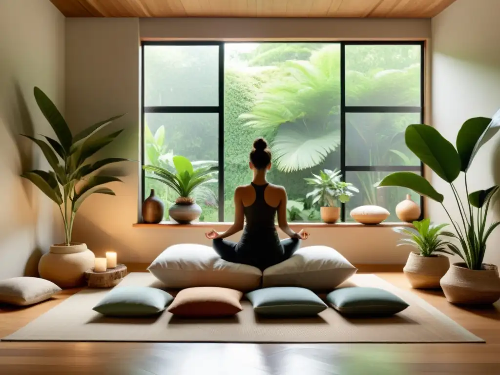 Diseño de espacios de meditación en el hogar: Habitación vintage con vista a jardín tranquilo, tonos terrosos y cojines de meditación acogedores