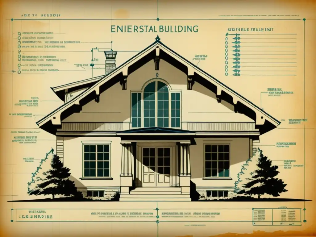 Diseño de estrategias de eficiencia energética en una antigua y detallada arquitectura, con anotaciones y medidas mostrando elementos sostenibles como paneles solares, iluminación natural y espacios verdes