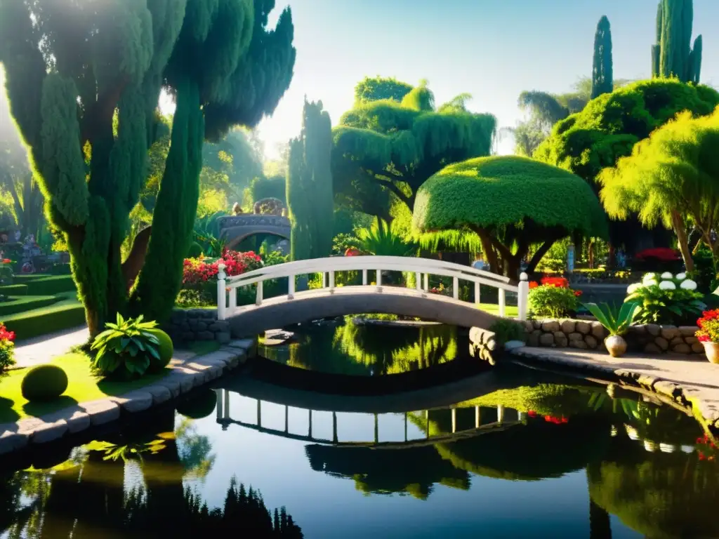 Diseño paisajístico en los Jardines de Xochimilco: un oasis sereno con vegetación exuberante, senderos sinuosos y esculturas de piedra ornamentales