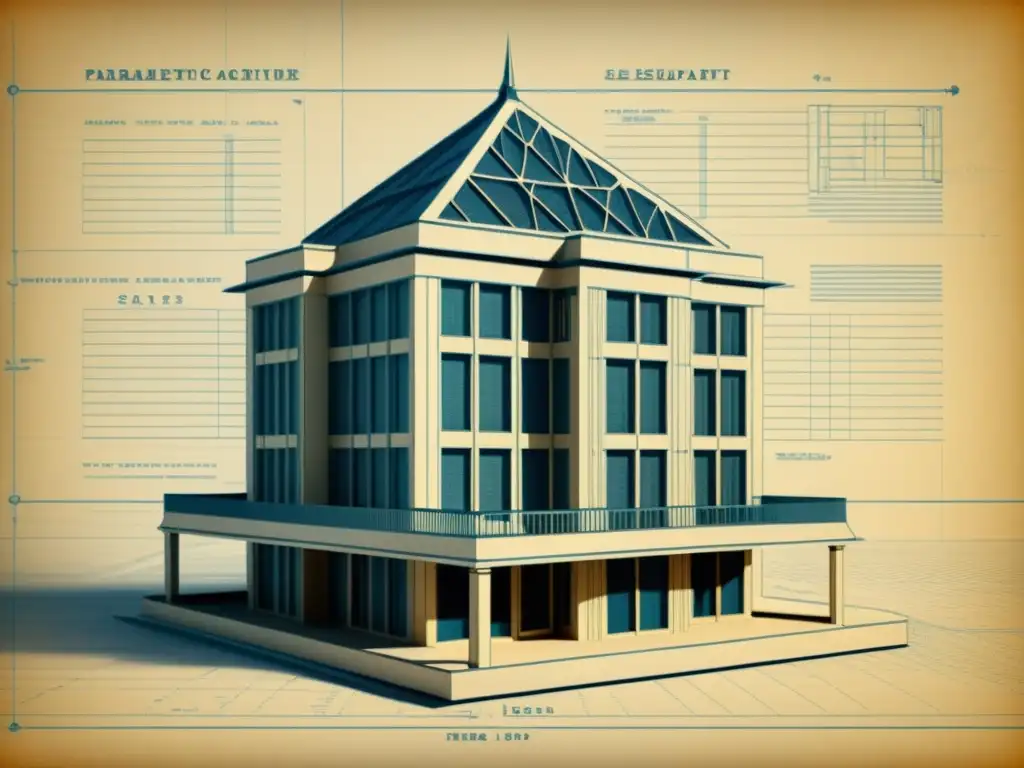 Diseño paramétrico en arquitectura contemporánea: Detallado plano arquitectónico vintage con intrincados diseños y elementos paramétricos, evocando historia y modernidad