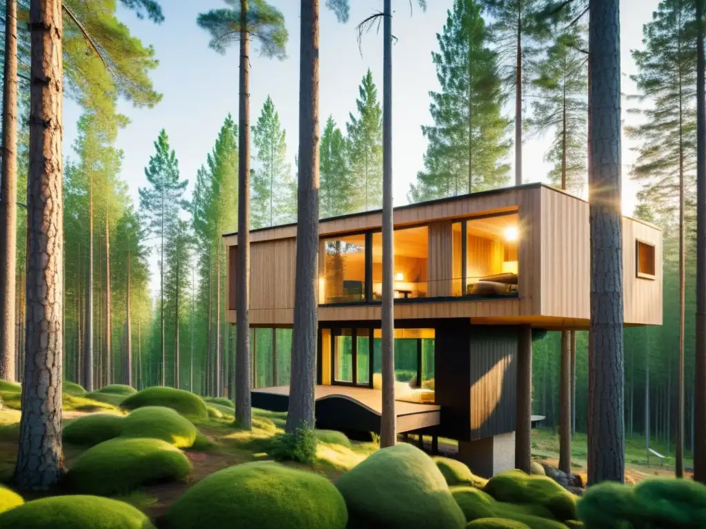 Diseño sostenible del Treehotel en Suecia, una arquitectura única y ecológica entre los árboles, bañada por suave luz vintage