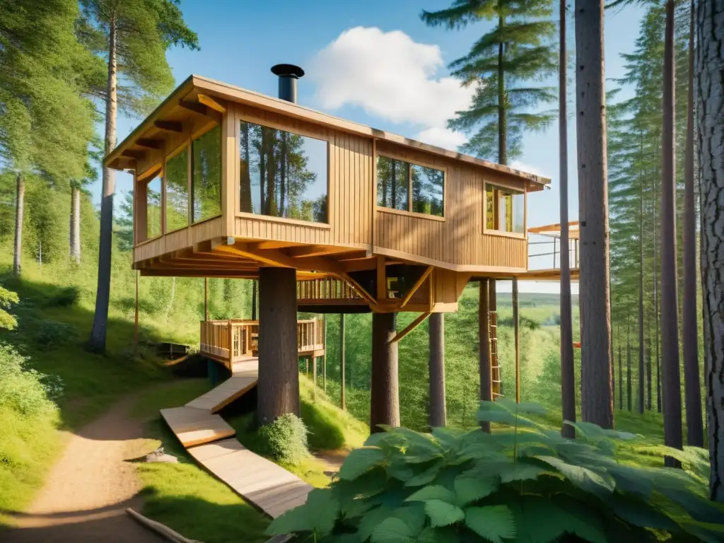 Diseño sostenible del Treehotel en Suecia: casas en los árboles con detalles de madera rodeadas de vegetación exuberante y luz suave