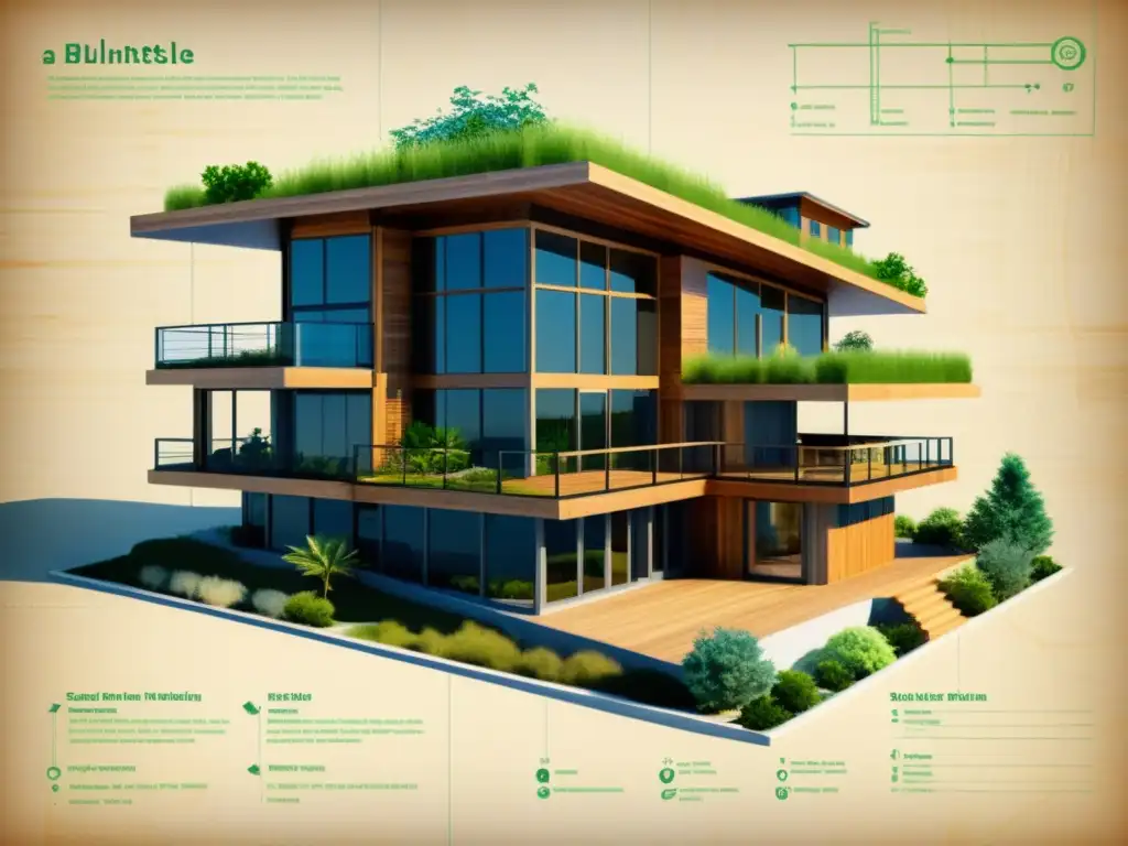 Diseño sostenible de construcción verde con materiales ecológicos como madera recuperada, paneles solares y techos verdes