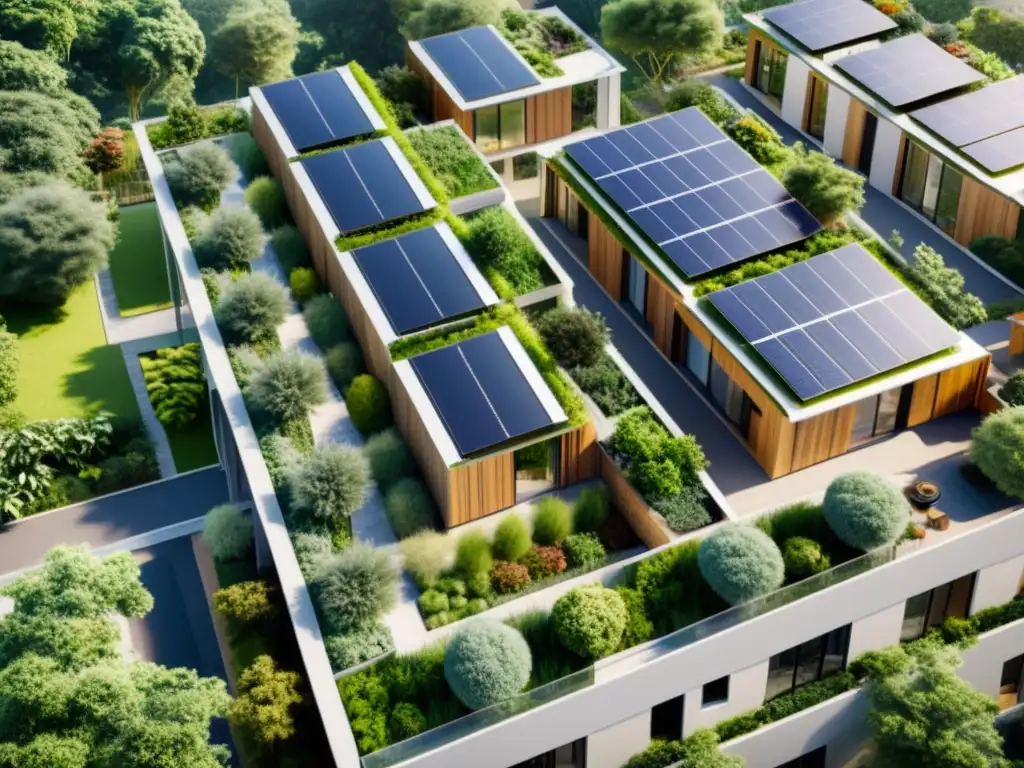 Diseño sostenible vivienda urbana: complejo residencial moderno con jardines en la azotea, paneles solares y diseño arquitectónico innovador