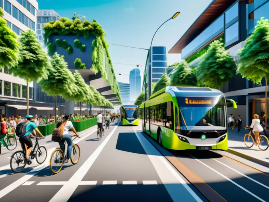 Diseño de tráfico sostenible en ciudades: calle urbana llena de vida, con transporte público ecológico, ciclistas y vegetación