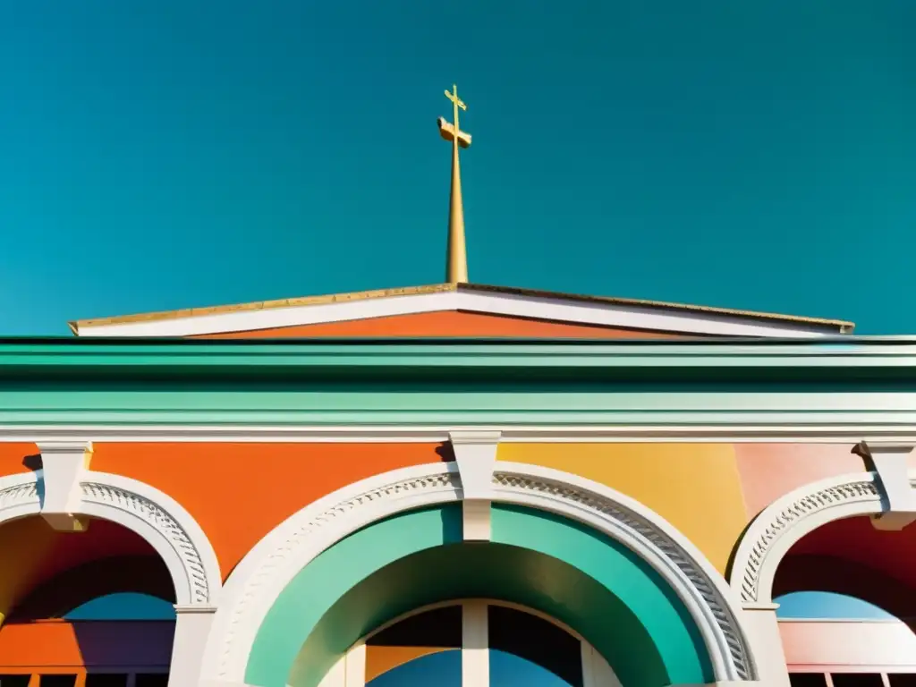 Una fotografía vintage de la icónica Piazza d'Italia en Nueva Orleans, con sus colores vibrantes y elementos arquitectónicos caprichosos que definen el estilo postmoderno