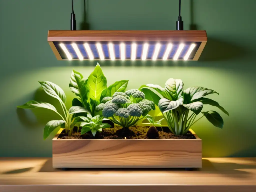 Un jardín solar doméstico bajo techo con vegetales y hierbas en un plantero de madera, iluminado por luz solar