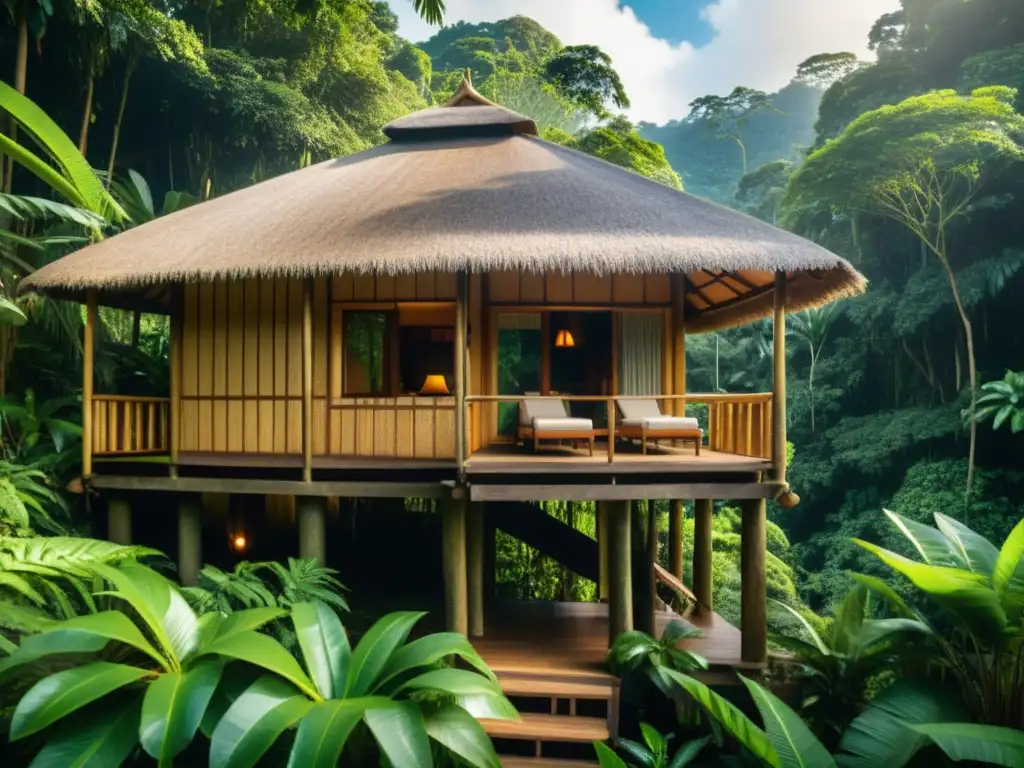 Un ecolodge vintage se integra armoniosamente en la exuberante naturaleza de la selva, mostrando la integración ecológica de ecolodges