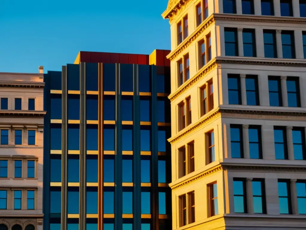 Edificaciones contemporáneas que dialogan historia: moderno edificio de vidrio reflejando la luz del atardecer junto a arquitectura histórica