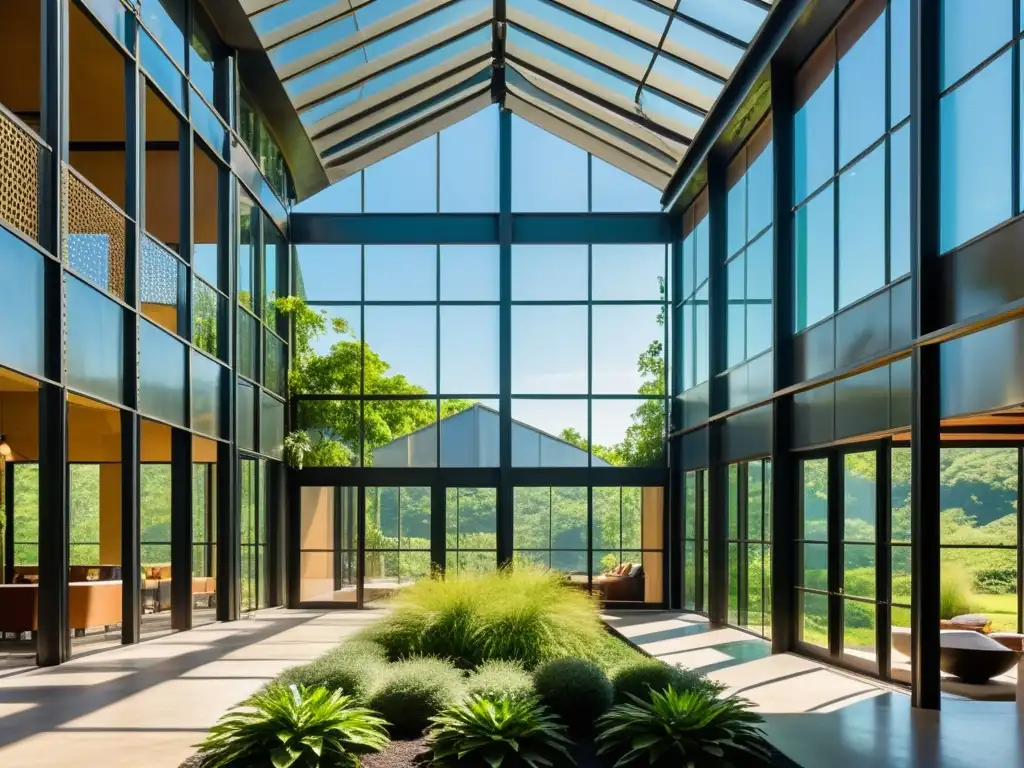 Edificio de acero reciclado, diseño sostenible, patina envejecida, integra arquitectura y naturaleza