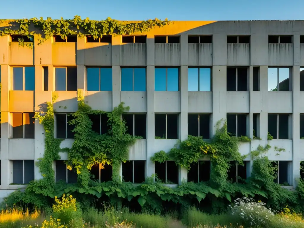 Ruinas urbanas: Belleza en la decadencia Edificio de arquitectura comunista en Europa del Este, abandonado, invadido por la naturaleza, atardecer nostálgico