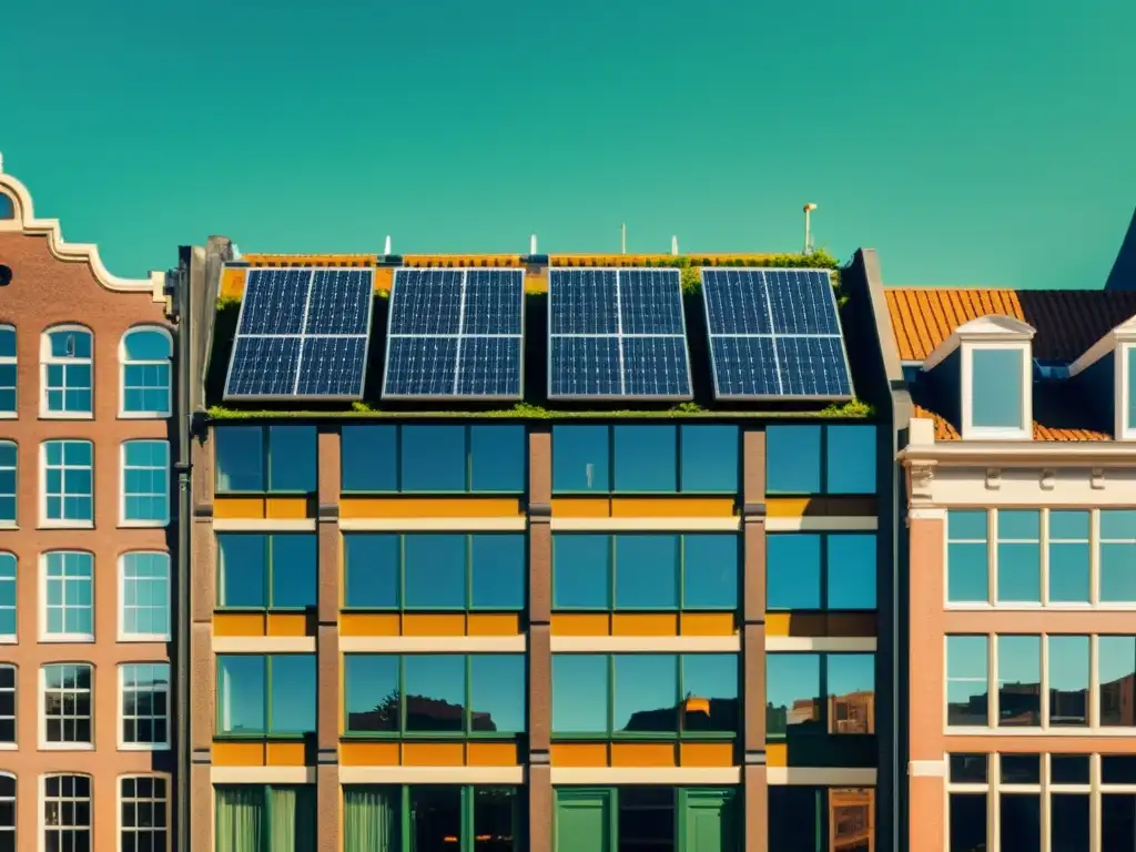 Una fotografía vintage de un edificio en Amsterdam con características de construcción de energía cero, resaltando su diseño innovador y ecoamigable