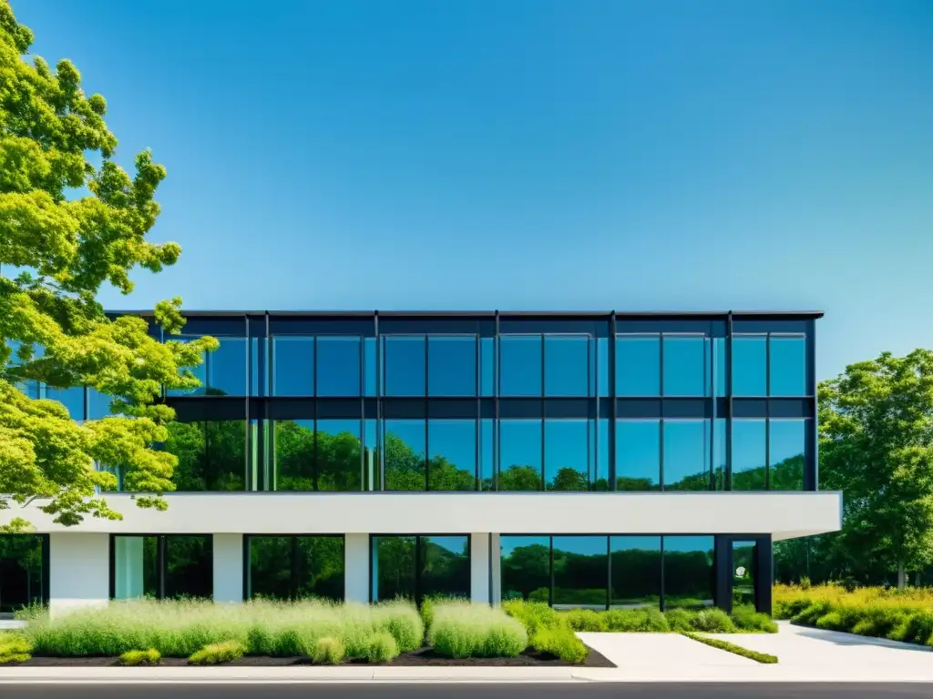 Edificio comercial de diseño sostenible con certificación EDGE, paneles solares y tejados verdes, rodeado de exuberante vegetación y cielo azul