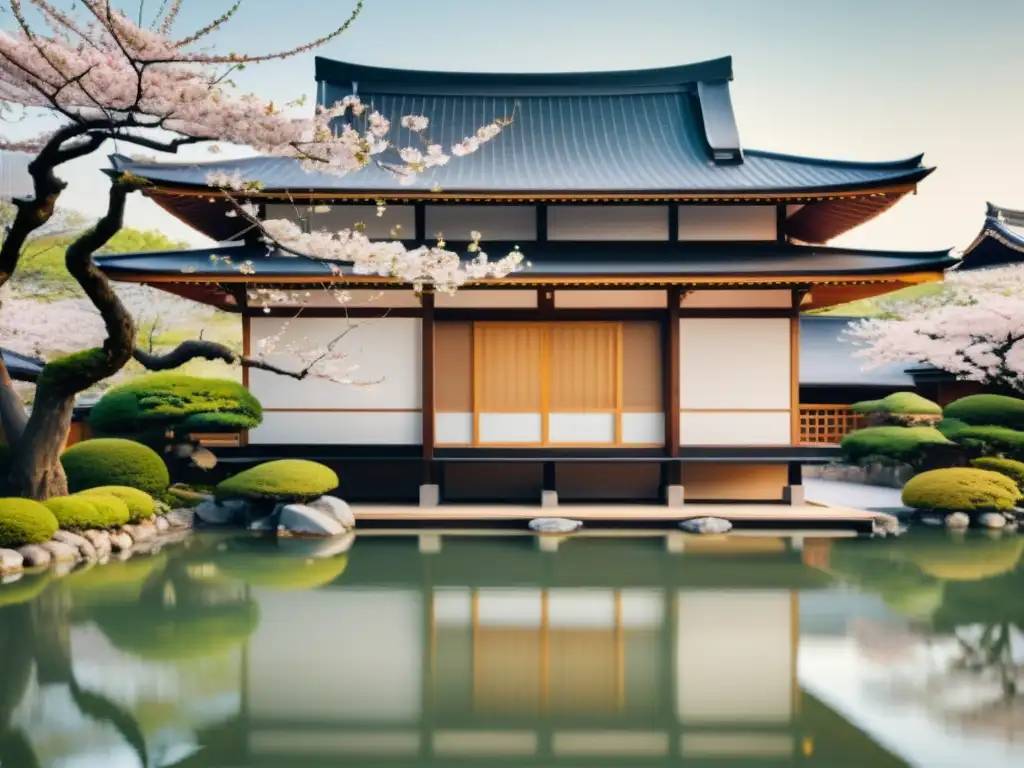 Edificio contemporáneo con influencia arquitectura tradicional japonesa, fusionando líneas modernas con elementos clásicos japoneses