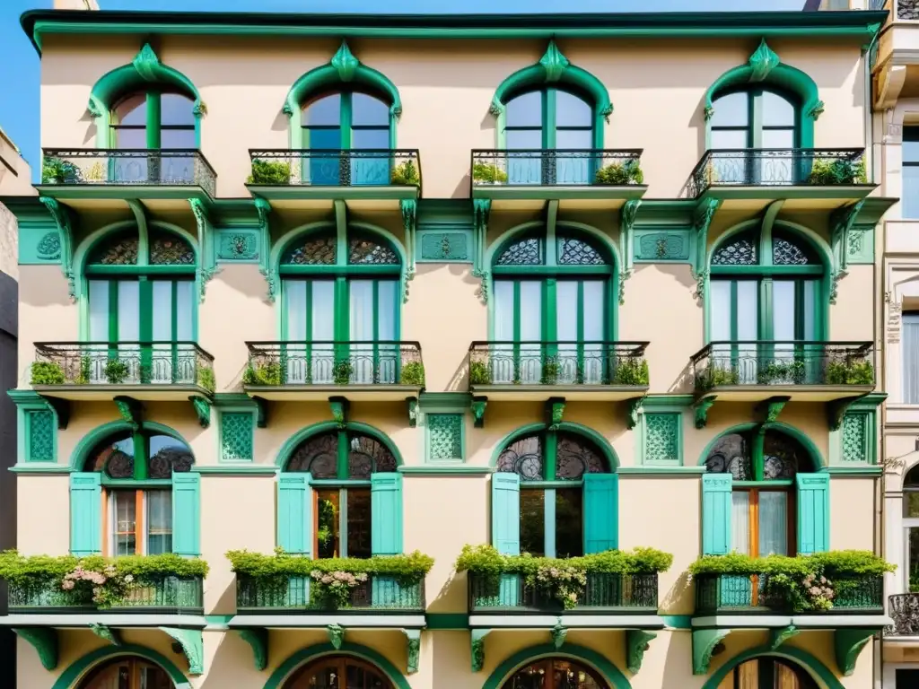 Edificio Art Nouveau con detalles florales en balcones y entrada, en venta