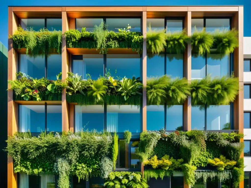 Edificio ecoamigable con diseño minimalista y materiales sostenibles, destaca por sus muros verdes y moderna arquitectura