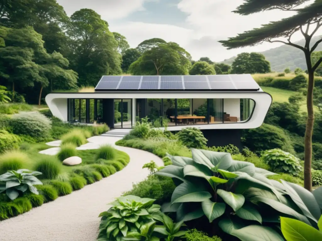 Edificio ecológico con diseño moderno, rodeado de naturaleza exuberante