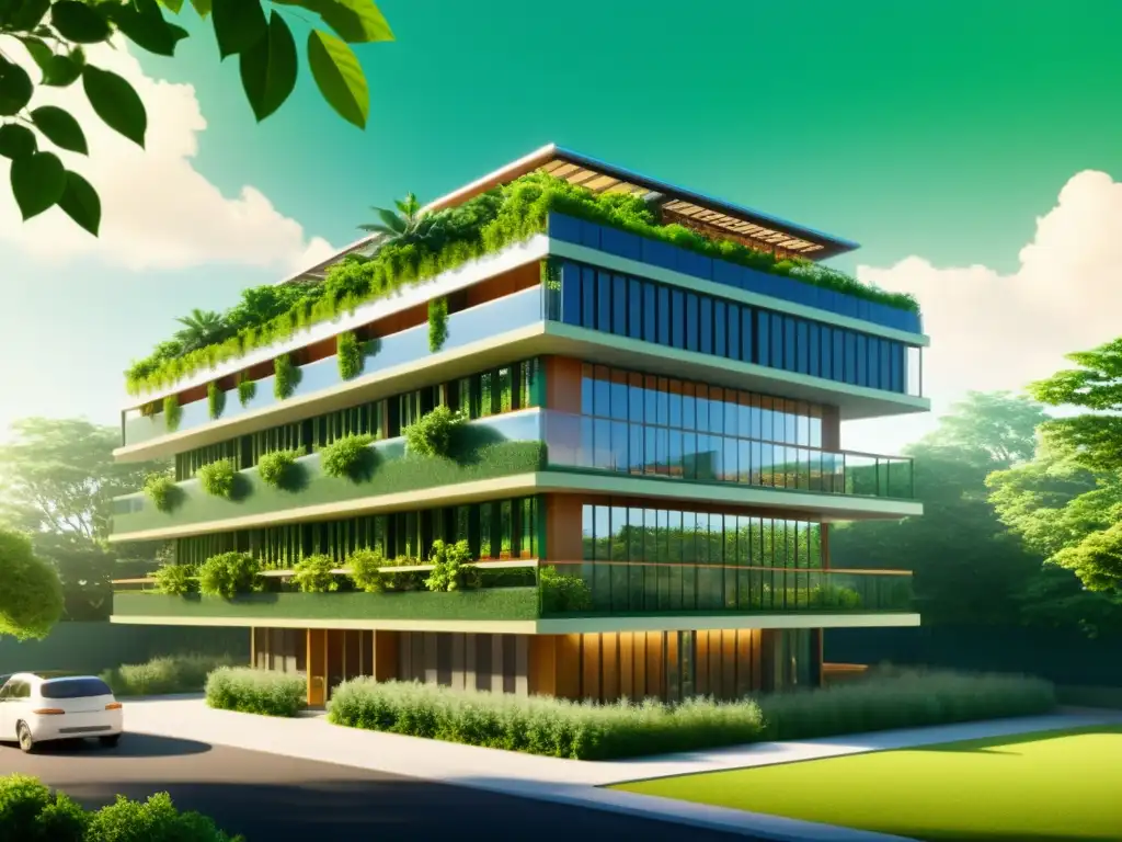 Ilustración vintage del Edificio Omega Center bioclimática en un entorno verde exuberante, con detalles arquitectónicos sostenibles