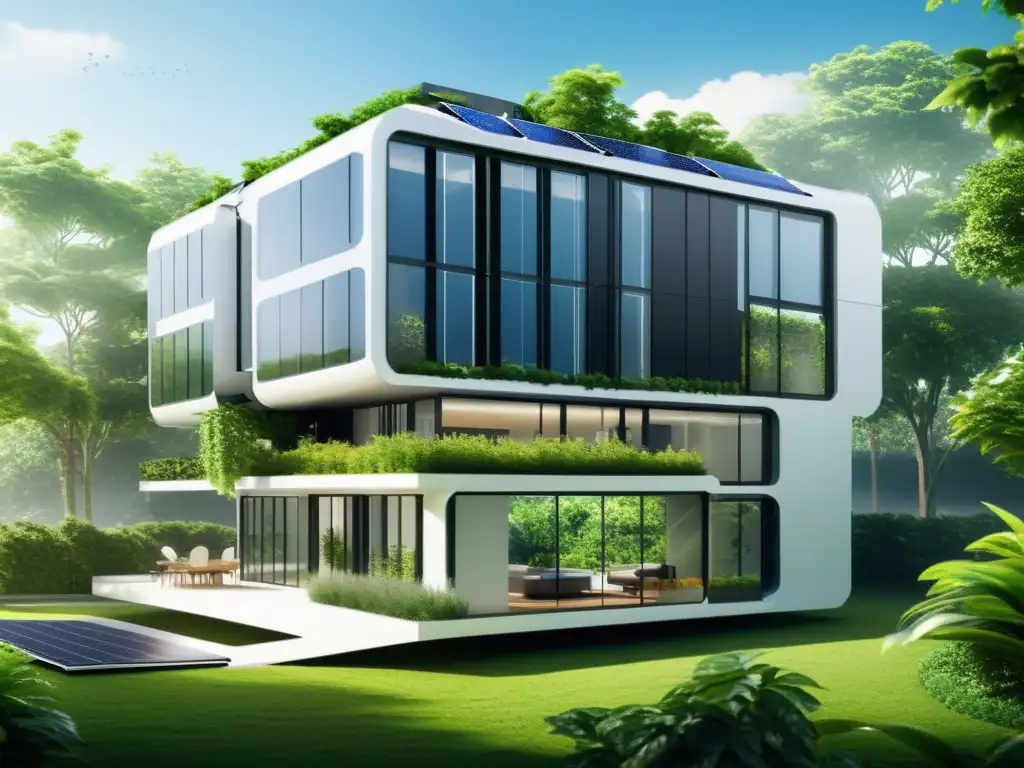 Un edificio futurista con arquitectura modular y adaptable, rodeado de vegetación y tecnología sostenible