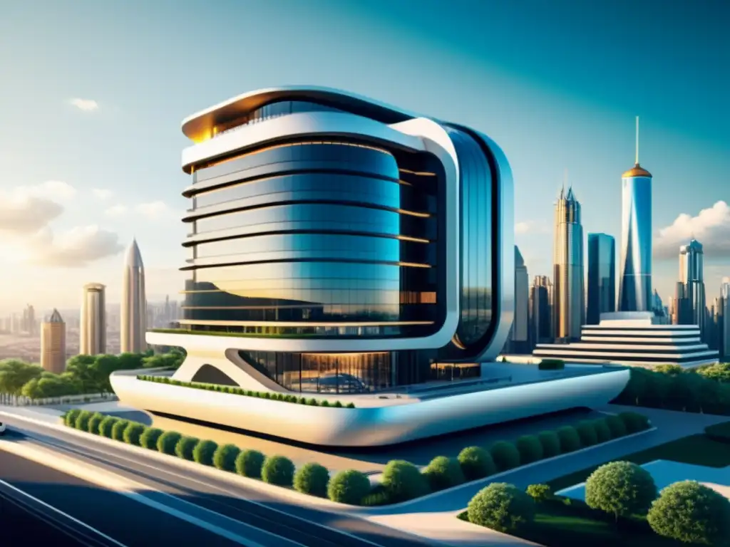 Edificio futurista de materiales inteligentes en una ciudad tecnológica, que destaca la arquitectura automatizada y la innovación en diseño