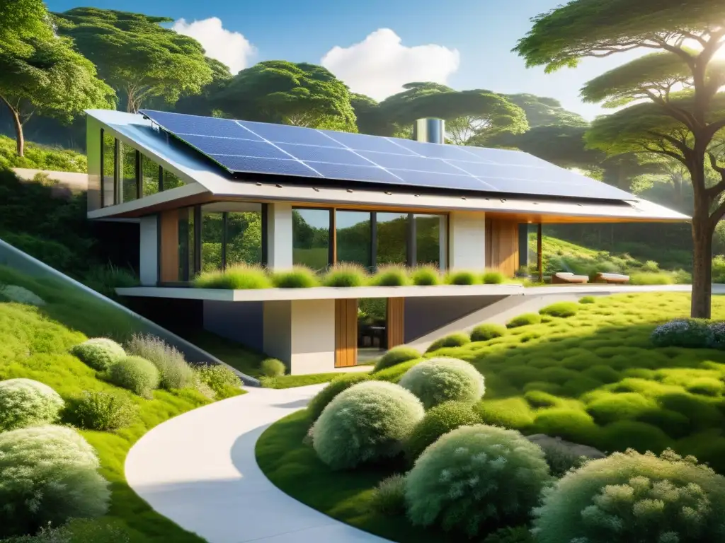 Edificio futurista con paneles solares integrados en un paisaje verde, reflejando sinergia energía solar diseño sostenible