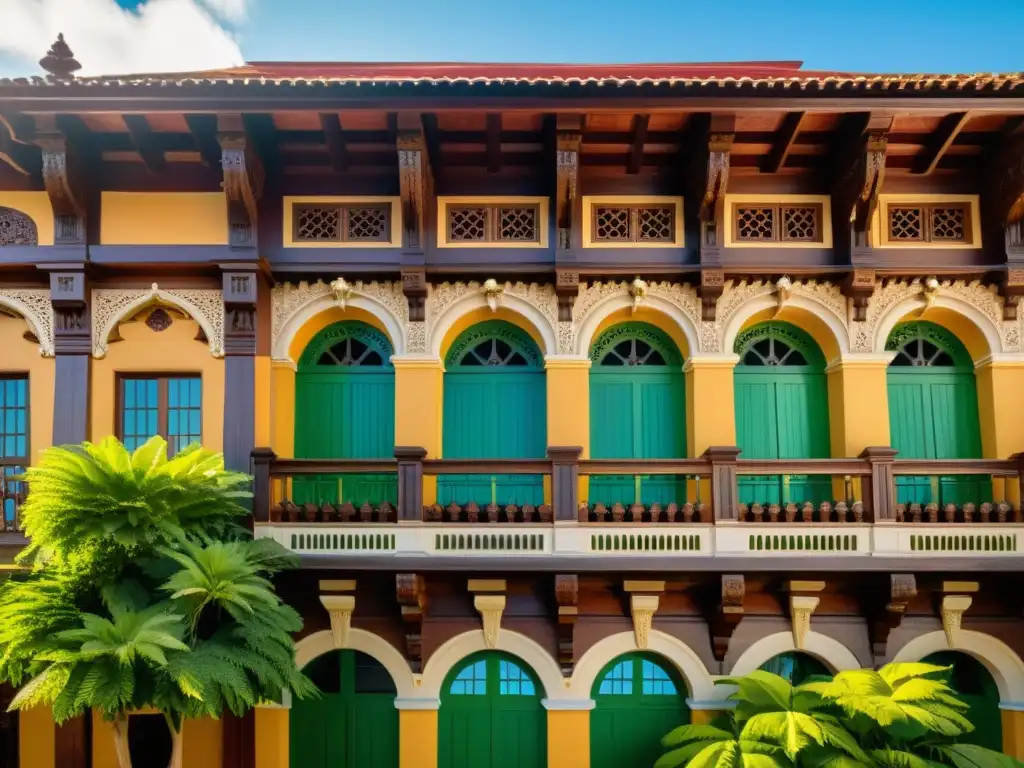 Edificio histórico del Centro Tamedia con arquitectura de madera detallada, rodeado de vegetación exuberante y bañado por la cálida luz del sol