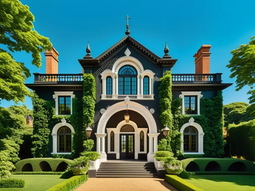 Edificio histórico con certificaciones WELL para arquitectura sostenible, rodeado de exuberante vegetación y cielo azul despejado