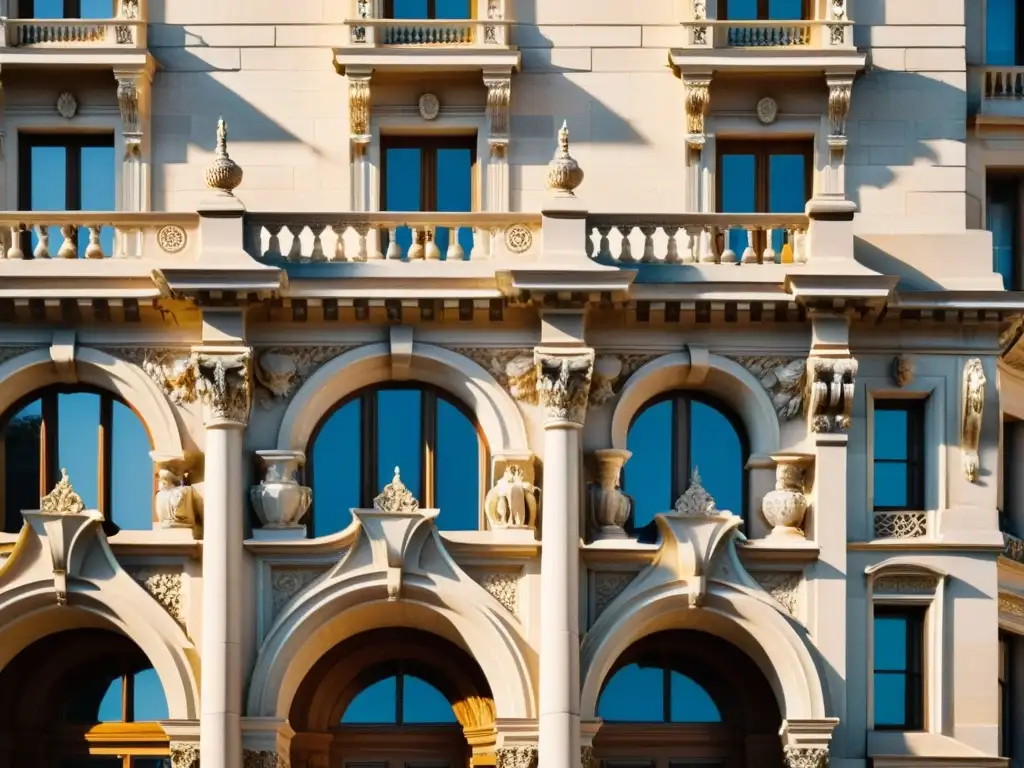 Fotografía vintage de un edificio histórico con detalles arquitectónicos, bañado por la suave luz del sol