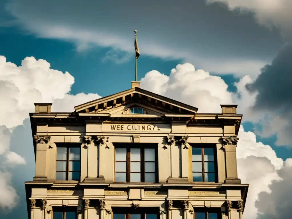 Una fotografía vintage de un edificio histórico con grietas visibles y signos de envejecimiento, destacando su carácter nostálgico y la necesidad de evaluación de riesgos en inmuebles antiguos