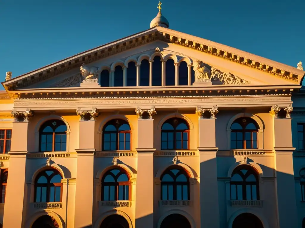 Edificio histórico iluminado al anochecer, evocando la evolución de la iluminación arquitectónica histórica en un escenario vintage atemporal