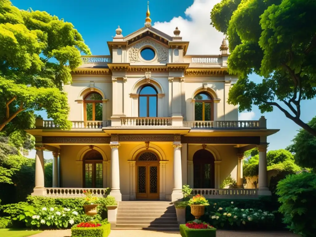 Un edificio histórico ornamental rodeado de exuberante vegetación y flores vibrantes