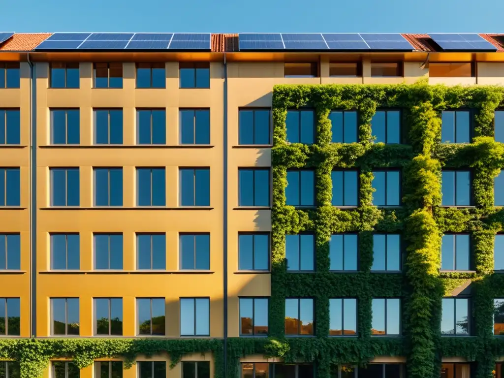 Edificio histórico con paneles solares integrados en fachadas, reflejando innovación y elegancia atemporal