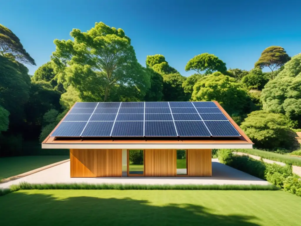 Edificio histórico con paneles solares integrados en el techo, rodeado de vegetación y cielos azules