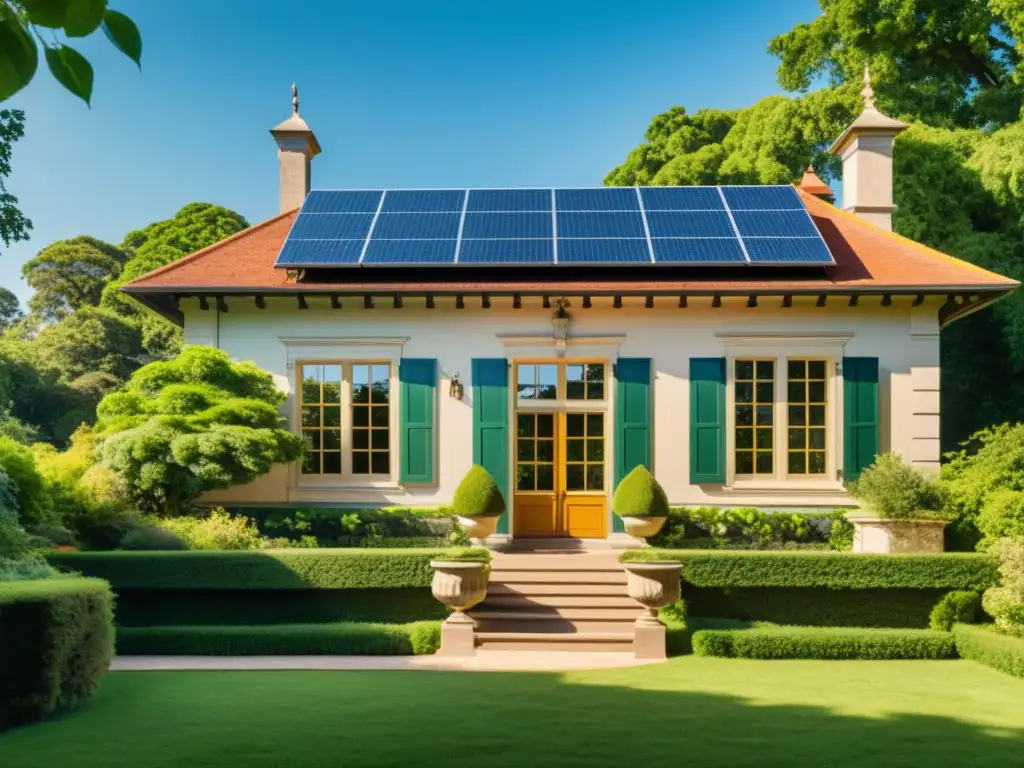 Edificio histórico con paneles solares integrados, resalta la restauración sostenible y la belleza atemporal entre exuberante vegetación