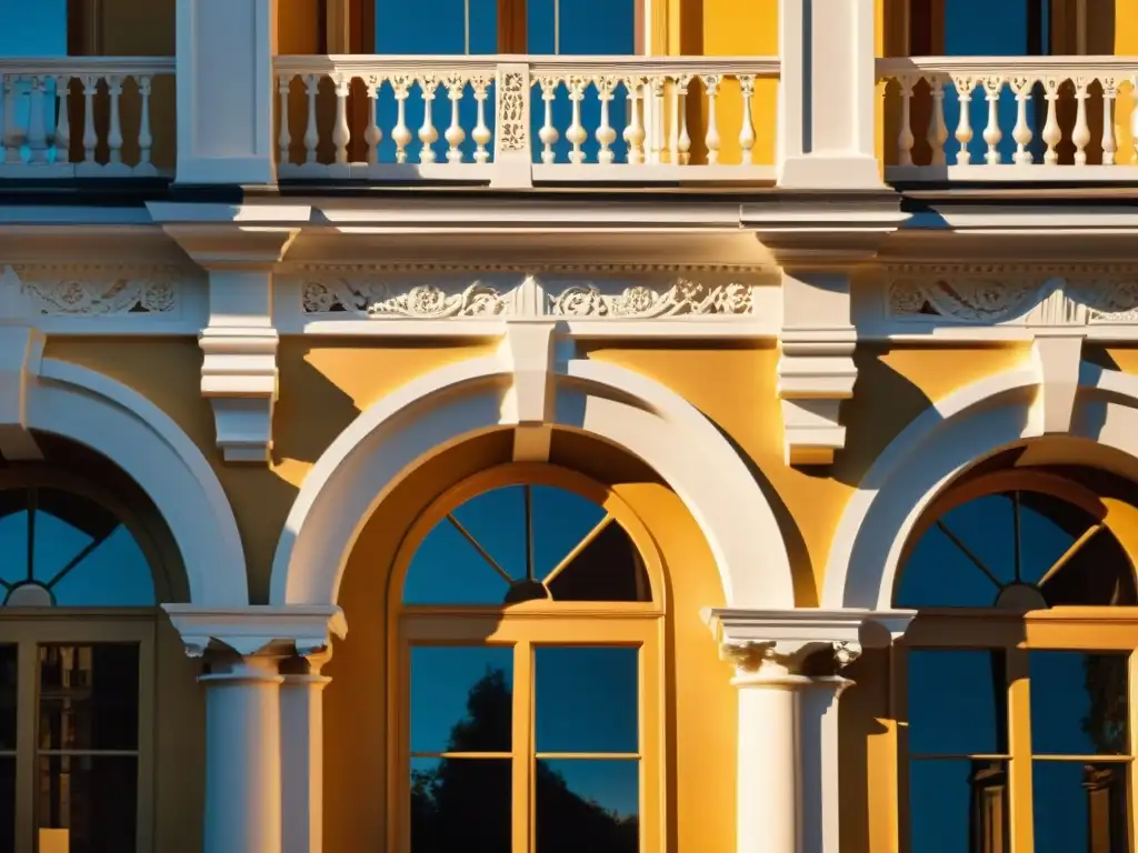 Edificio histórico preservado con detalles arquitectónicos ornamentados, bañado por cálida luz dorada