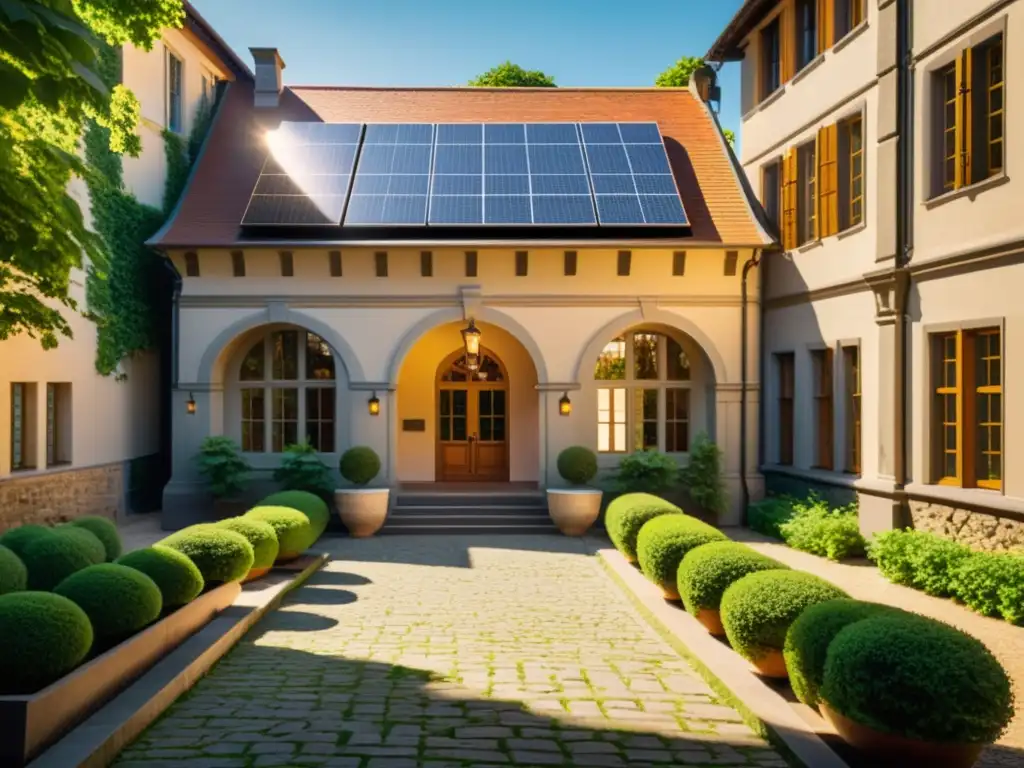 Edificio histórico restaurado con paneles solares integrados, resaltando su belleza y armonía entre historia y sostenibilidad