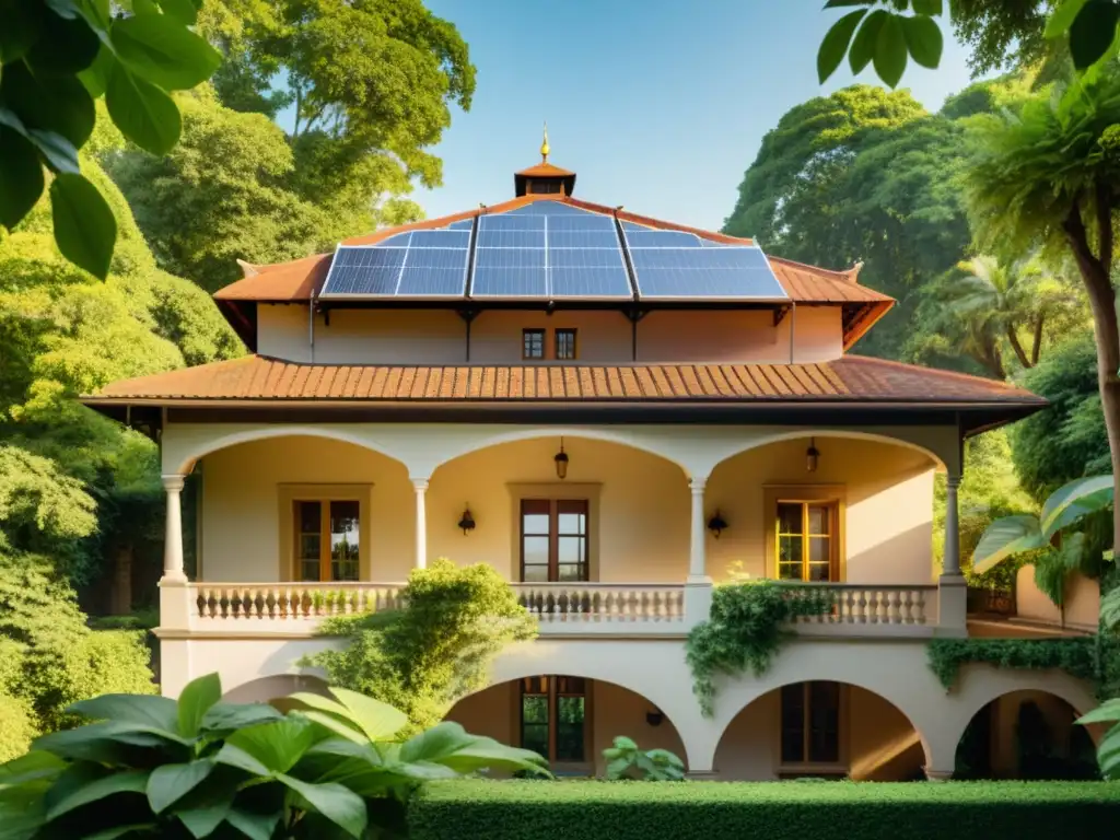 Una fotografía vintage de un edificio histórico rodeado de exuberante vegetación, mostrando sus prácticas ecológicas en arquitectura histórica