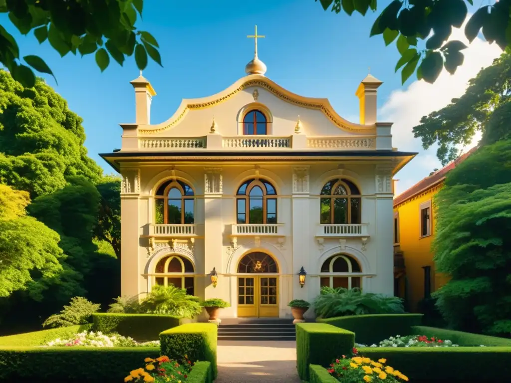 Fotografía vintage de un edificio histórico rodeado de exuberantes jardines, mostrando el diseño sostenible en arquitectura histórica