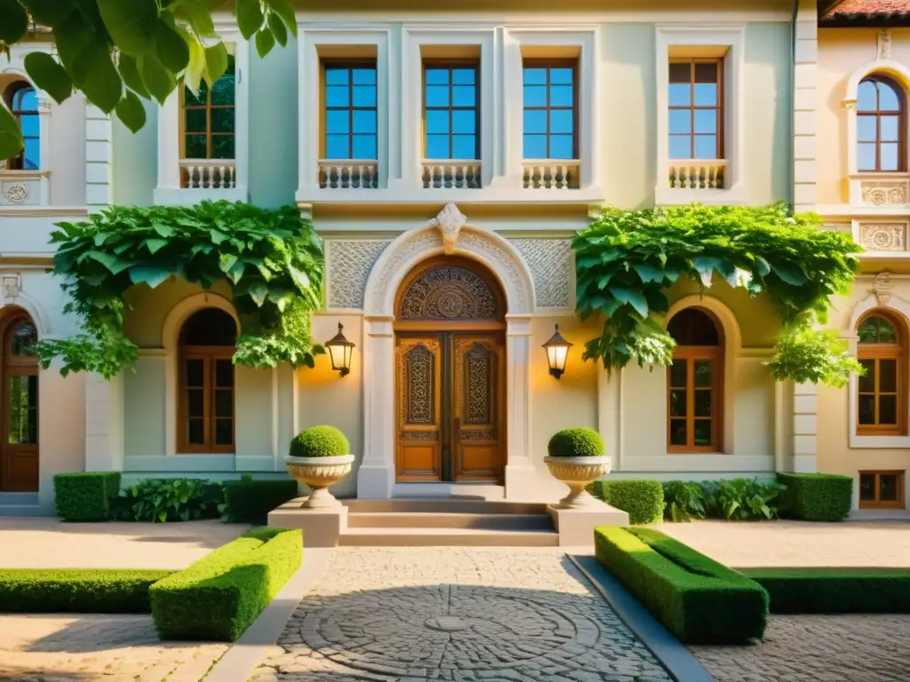 Edificio histórico restauración sostenible con energías renovables, detalles arquitectónicos y exuberante naturaleza en luz cálida