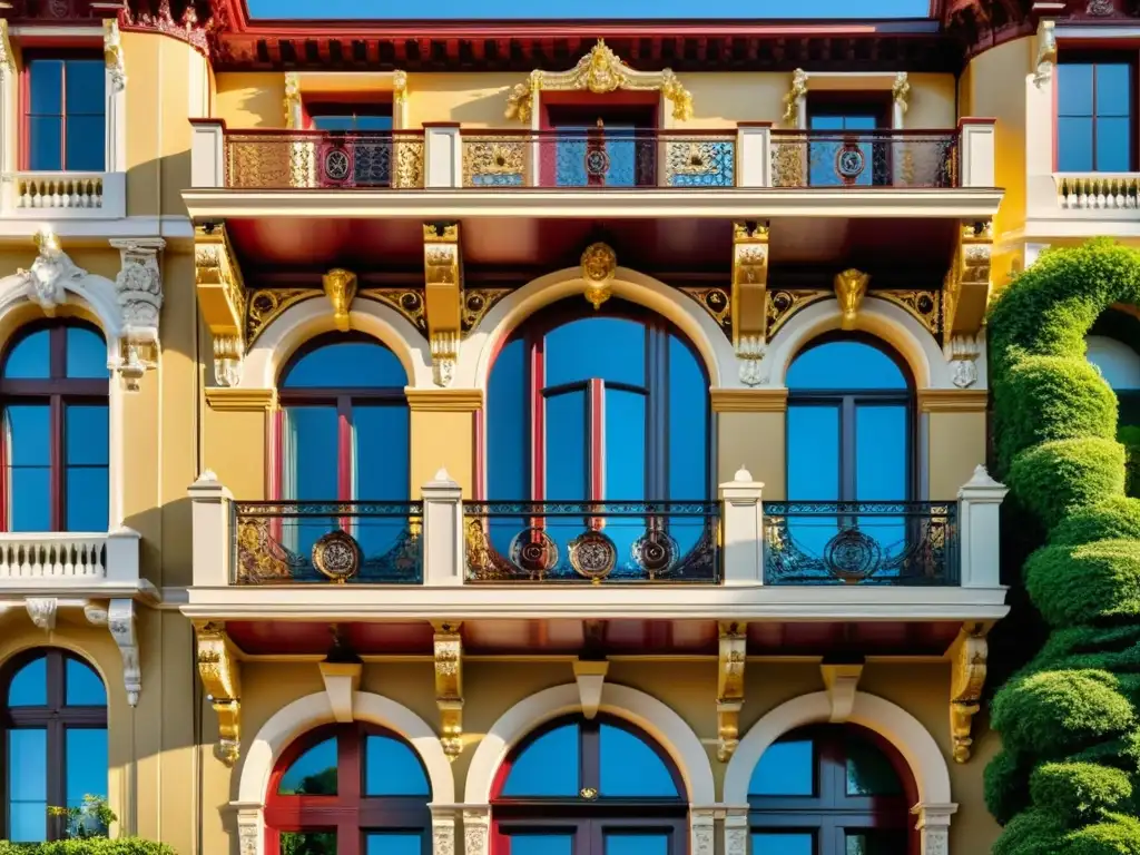 Edificio de influencia arquitectura Belle Époque propiedades con detalles ornamentados, en tonos cálidos de burgundy y oro, bajo la luz del sol