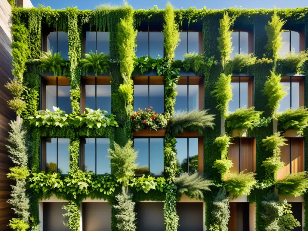 Arquitectura vintage con jardines verticales Edificio con integración de jardines verticales, exuberante y elegante, evocando nostalgia y sofisticación