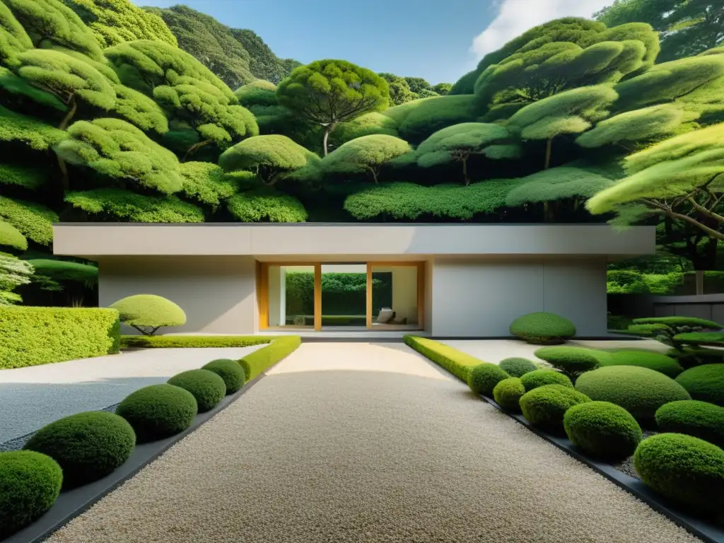 Edificio japonés moderno rodeado de exuberante vegetación, reflejando el minimalismo japonés en arquitectura contemporánea