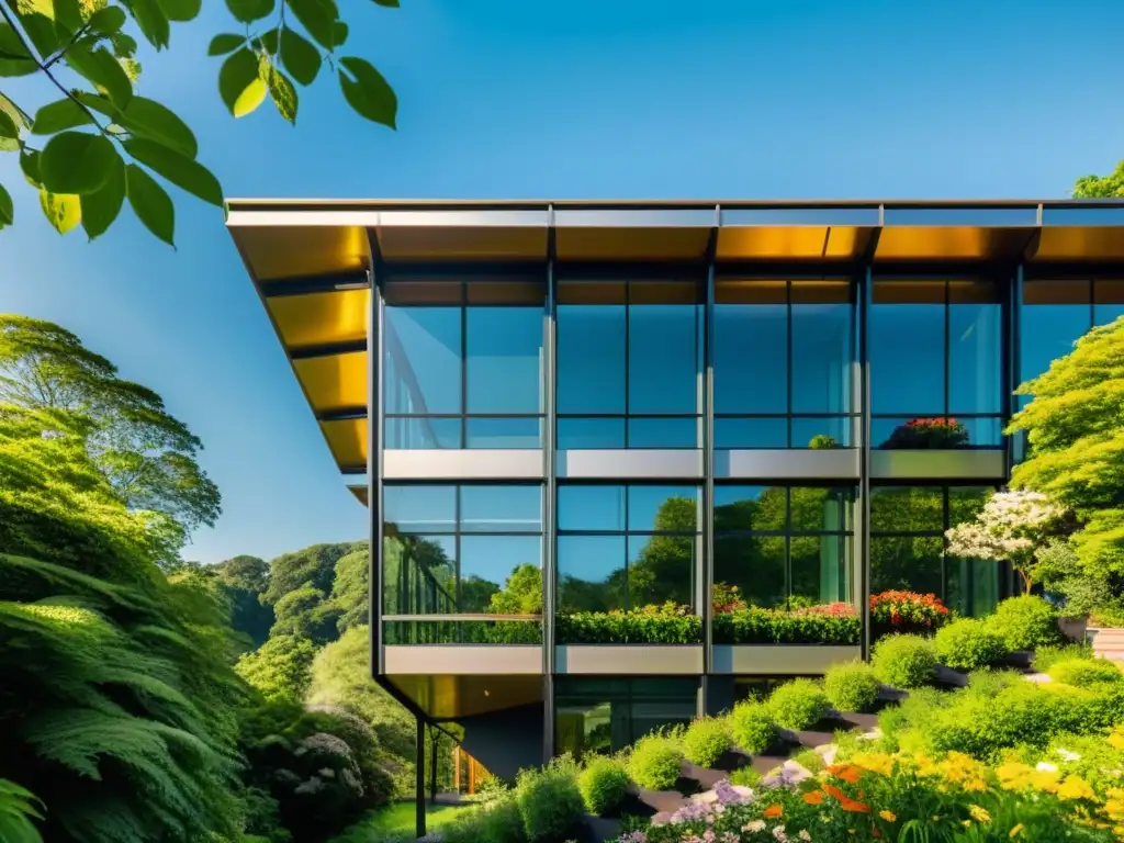 Edificio moderno de acero reciclado rodeado de exuberante naturaleza, reflejando la calidez del sol